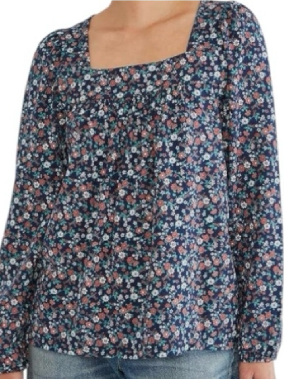Lucky Brand Women's Navy Blue Floral Boho Peasant Long Sleeve Knit Top Size XL - Picture 3 of 8
